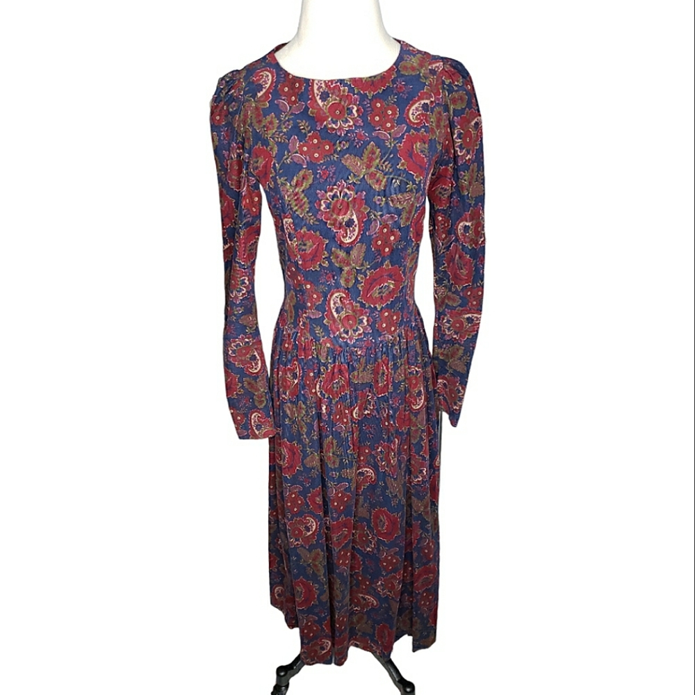Vintage Laura Ashley Drop Waist Midi Dress Floral Paisley Corduroy Cottage s/m - Picture 5 of 17